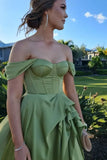 Niulatu Green Off-the-shoulder Satin A-Line Party Dresses with Slits HZ1103