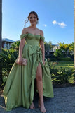 Niulatu Green Off-the-shoulder Satin A-Line Party Dresses with Slits HZ1103
