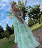 Niulatu Mint Green Strapless Tulle Layered Party Dresses A-Line Prom Dresses HZ1103