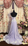 Niulatu Purple Strapless Beaded Tulle A-Line Long Prom Dresses HZ1103