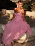 Niulatu Pink Spaghetti Strap A-line Bridesmaid Dress Chiffon Party Dress HZ1103