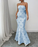 Niulatu Blue Mermaid Guest DressesStrapless Jacquard Satin Formal Evening Dress Gorgeous Prom Dress HZ1103