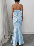Niulatu Blue Mermaid Guest DressesStrapless Jacquard Satin Formal Evening Dress Gorgeous Prom Dress HZ1103