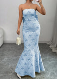 Niulatu Blue Mermaid Guest DressesStrapless Jacquard Satin Formal Evening Dress Gorgeous Prom Dress HZ1103