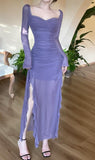 Niulatu Purple Square Neck Chiffon Long Sleeve Bodycon Party Dresses HZ1103