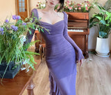 Niulatu Purple Square Neck Chiffon Long Sleeve Bodycon Party Dresses HZ1103