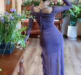 Niulatu Purple Square Neck Chiffon Long Sleeve Bodycon Party Dresses HZ1103