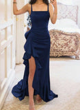 Niulatu Blue Elegant Spaghetti Straps Party Dress Sheath Satin Evening Dress with Slits HZ1103