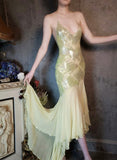 Niulatu Deep V Spaghetti Straps Sequined Sheath Prom Dresses Elegant Chiffon Backless Evening HZ1103