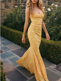 Niulatu Yellow Mermaid Spaghetti Straps Prom Dresses Lace Applique Open Back Evening Dress HZ1103