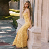 Niulatu Yellow Mermaid Spaghetti Straps Prom Dresses Lace Applique Open Back Evening Dress HZ1103