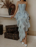 Niulatu Ice Blue Halter Neck Chiffon Short Party Dress Gorgeous Layered Chiffon Homecoming Dress HZ1103
