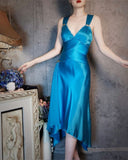Niulatu Blue Satin V Neck Sheath Prom Dresses Backless Party Dress HZ1103