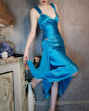 Niulatu Blue Satin V Neck Sheath Prom Dresses Backless Party Dress HZ1103