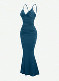 Niulatu Teal Spaghetti Straps Mermaid Evening Dress Satin Lace Short Party Dress HZ1103