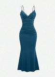 Niulatu Teal Spaghetti Straps Mermaid Evening Dress Satin Lace Short Party Dress HZ1103
