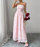 Niulatu Pink Strapless Jacquard Bridesmaid Dress A-Line Backless Evening Dress HZ1103