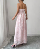 Niulatu Pink Strapless Jacquard Bridesmaid Dress A-Line Backless Evening Dress HZ1103