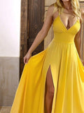 Niulatu Yellow Spaghetti Straps Satin A-Line Sleeveless Party Dresses with Slits HZ1103