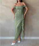 Niulatu Sage Green Spaghetti Strap Sheath Chiffon Ruffles Evening Dress HZ1103