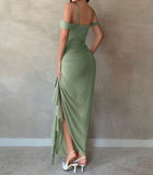 Niulatu Sage Green Spaghetti Strap Sheath Chiffon Ruffles Evening Dress HZ1103