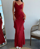 Niulatu Red Spaghetti Straps Mermaid Party Dress Chiffon Ruffle Evening Dress HZ1103