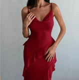 Niulatu Red Spaghetti Straps Mermaid Party Dress Chiffon Ruffle Evening Dress HZ1103