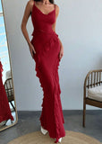 Niulatu Red Spaghetti Straps Mermaid Party Dress Chiffon Ruffle Evening Dress HZ1103