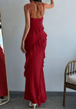Niulatu Red Spaghetti Straps Mermaid Party Dress Chiffon Ruffle Evening Dress HZ1103