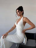 Niulatu Off-White Lace Halter Bodycon Evening Dress Backless Fashion Party Dress HZ1103