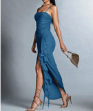 Niulatu Blue Spaghetti Strap Chiffon Party Dress Ruffle Evening Gowns with Slit HZ1103