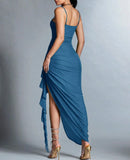 Niulatu Blue Spaghetti Strap Chiffon Party Dress Ruffle Evening Gowns with Slit HZ1103