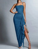 Niulatu Blue Spaghetti Strap Chiffon Party Dress Ruffle Evening Gowns with Slit HZ1103