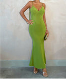Niulatu Green V-Neck Mermaid Chiffon Backless Fashion Dress HZ1103