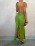 Niulatu Green V-Neck Mermaid Chiffon Backless Fashion Dress HZ1103