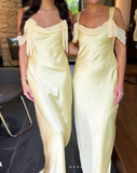 Niulatu Off-the-shoulder Satin Sheath Formal Dresses Butter Yellow Evening Gowns HZ1103