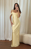 Niulatu Off-the-shoulder Satin Sheath Formal Dresses Butter Yellow Evening Gowns HZ1103