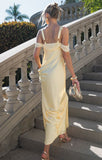 Niulatu Off-the-shoulder Satin Sheath Formal Dresses Butter Yellow Evening Gowns HZ1103
