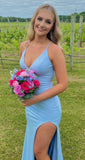 Niulatu Blue Mermaid Satin V-neck Wedding Guest Dress Sexy Backless Evening Gowns HZ1103