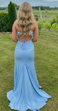 Niulatu Blue Mermaid Satin V-neck Wedding Guest Dress Sexy Backless Evening Gowns HZ1103