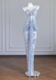 Niulatu Rhinestone Spaghetti Strap Bodycon Evening Gowns Gorgeous Long Prom Dresses HZ1103