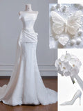 Niulatu Strapless Satin Lace Mermaid Train Wedding Dress,Elegant Long Prom Dresses HZ1103