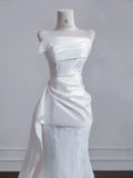 Niulatu Strapless Satin Lace Mermaid Train Wedding Dress,Elegant Long Prom Dresses HZ1103