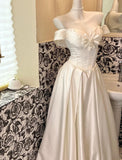 Niulatu White Off Shoulder A-Line Satin Vintage Wedding Dress, Sweet Long Prom Dresses HZ1103