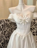 Niulatu White Off Shoulder A-Line Satin Vintage Wedding Dress, Sweet Long Prom Dresses HZ1103