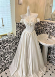 Niulatu White Off Shoulder A-Line Satin Vintage Wedding Dress, Sweet Long Prom Dresses HZ1103