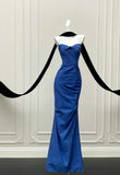 Niulatu Blue Mermaid Strapless Satin Long Prom Dresses Formal Evening Gowns HZ1103