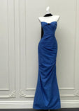 Niulatu Blue Mermaid Strapless Satin Long Prom Dresses Formal Evening Gowns HZ1103