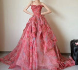 Niulatu Red A-Line Strapless Printed Tulle Wedding Dress Sweet Long Prom Dresses HZ1103