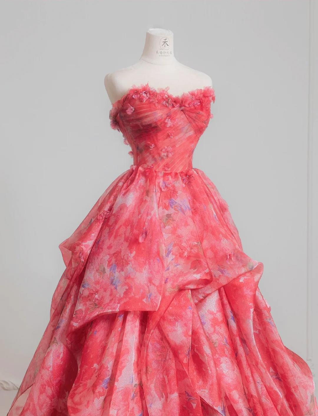Niulatu Red A-Line Strapless Printed Tulle Wedding Dress Sweet Long Prom Dresses HZ1103